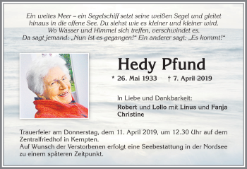 Traueranzeige von Hedy Pfund von Allgäuer Zeitung,Kempten