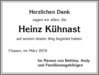 Traueranzeige von Heinz Kühnast von Allgäuer Zeitung, Füssen
