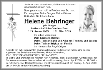 Traueranzeige von Helene Behringer von Allgäuer Anzeigeblatt