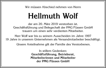 Traueranzeige von Hellmuth Wolf von Allgäuer Zeitung, Füssen