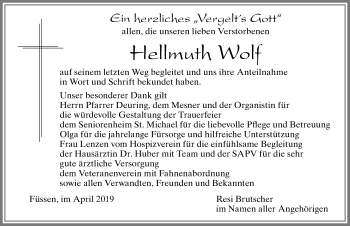 Traueranzeige von Hellmuth Wolf von Allgäuer Zeitung, Füssen