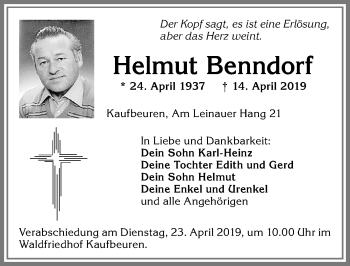 Traueranzeige von Helmut Benndorf von Allgäuer Zeitung, Kaufbeuren/Buchloe