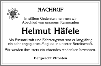 Traueranzeige von Helmut Häfele von Allgäuer Zeitung, Füssen