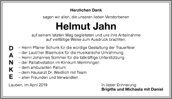Traueranzeige von Helmut Jahn von Memminger Zeitung