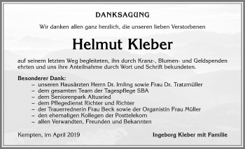 Traueranzeige von Helmut Kleber von Allgäuer Zeitung,Kempten