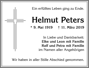 Traueranzeige von Helmut Peters von Allgäuer Zeitung, Kaufbeuren/Buchloe