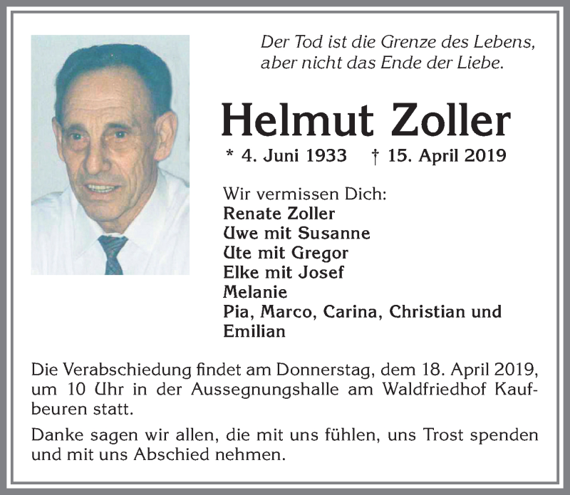  Traueranzeige für Helmut Zoller vom 17.04.2019 aus Allgäuer Zeitung, Kaufbeuren/Buchloe