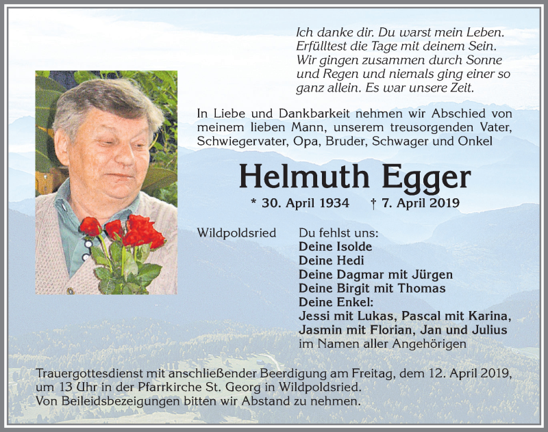  Traueranzeige für Helmuth Egger vom 10.04.2019 aus Allgäuer Zeitung,Kempten