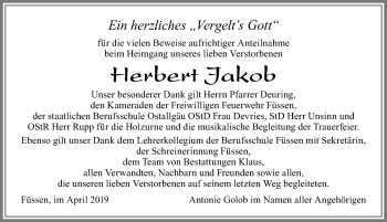 Traueranzeige von Herbert Jakob von Allgäuer Zeitung, Füssen