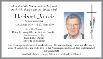 Traueranzeige von Herbert Jakob von Allgäuer Zeitung, Füssen