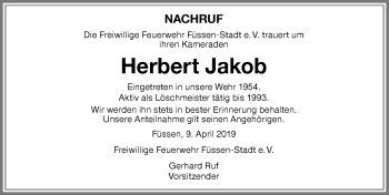 Traueranzeige von Herbert Jakob von Allgäuer Zeitung, Füssen