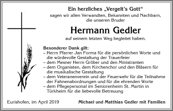 Traueranzeige von Hermann Gedler von Allgäuer Zeitung, Kaufbeuren/Buchloe