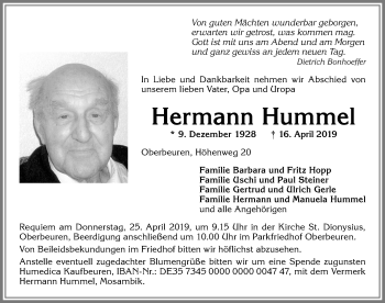 Traueranzeige von Hermann Hummel von Allgäuer Zeitung, Kaufbeuren/Buchloe