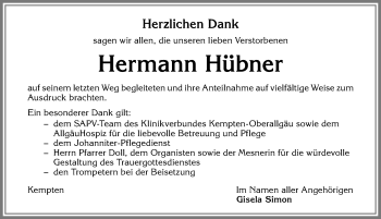 Traueranzeige von Hermann Hübner von Allgäuer Zeitung,Kempten