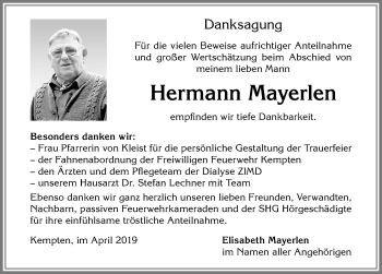 Traueranzeige von Hermann Mayerlen von Allgäuer Zeitung,Kempten