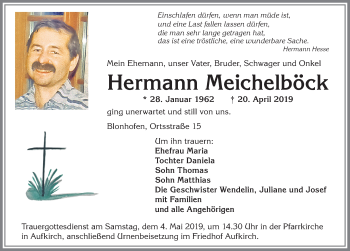 Traueranzeige von Hermann Meichelböck von Allgäuer Zeitung, Kaufbeuren/Buchloe