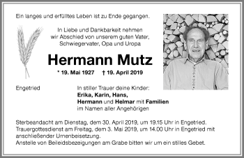 Traueranzeige von Hermann Mutz von Memminger Zeitung