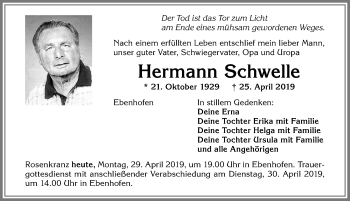 Traueranzeige von Hermann Schwelle von Allgäuer Zeitung, Marktoberdorf