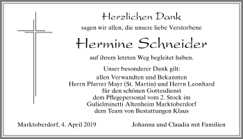 Traueranzeige von Hermine Schneider von Allgäuer Zeitung, Marktoberdorf
