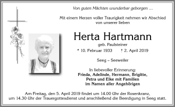 Traueranzeige von Herta Hartmann von Allgäuer Zeitung, Füssen