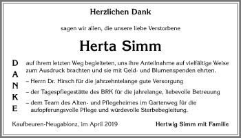 Traueranzeige von Herta Simm von Allgäuer Zeitung, Kaufbeuren/Buchloe
