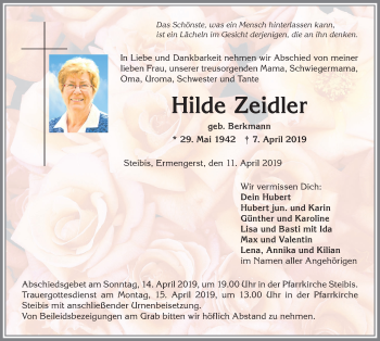 Traueranzeige von Hilde Zeidler von Allgäuer Anzeigeblatt