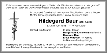 Traueranzeige von Hildegard Baur von Memminger Zeitung