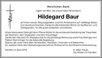 Traueranzeige von Hildegard Baur von Memminger Zeitung