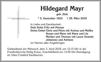 Traueranzeige von Hildegard Mayr von Allgäuer Zeitung, Kaufbeuren/Buchloe