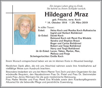 Traueranzeige von Hildegard Mraz von Allgäuer Zeitung,Kempten