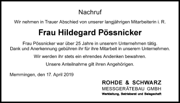 Traueranzeige von Hildegard Pössnicker von Memminger Zeitung