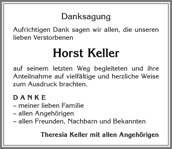 Traueranzeige von Horst Keller von Allgäuer Zeitung,Kempten