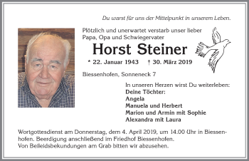 Traueranzeige von Horst Steiner von Allgäuer Zeitung, Marktoberdorf