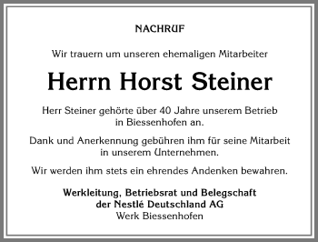 Traueranzeige von Horst Steiner von Allgäuer Zeitung