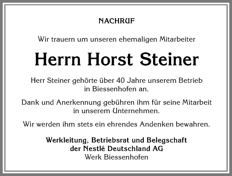  Traueranzeige für Horst Steiner vom 08.04.2019 aus Allgäuer Zeitung