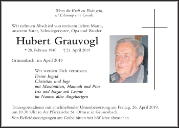 Traueranzeige von Hubert Grauvogl von Der Westallgäuer