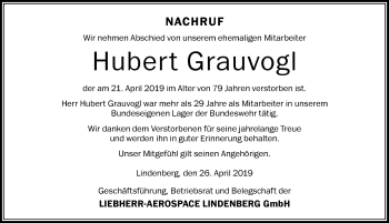 Traueranzeige von Hubert Grauvogl von Der Westallgäuer