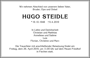 Traueranzeige von Hugo Steidle von Allgäuer Anzeigeblatt