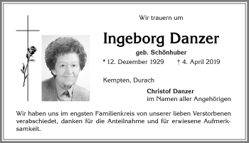 Traueranzeige von Ingeborg Danzer von Allgäuer Zeitung,Kempten