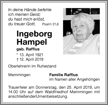 Traueranzeige von Ingeborg Hampel von Memminger Zeitung