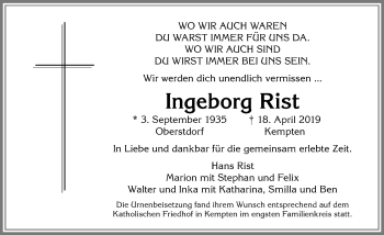 Traueranzeige von Ingeborg Rist von Allgäuer Anzeigeblatt