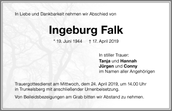 Traueranzeige von Ingeburg Falk von Memminger Zeitung