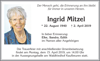 Traueranzeige von Ingrid Mitzel von Allgäuer Zeitung, Kaufbeuren/Buchloe