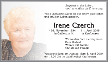 Traueranzeige von Irene Czerch von Allgäuer Zeitung, Kaufbeuren/Buchloe