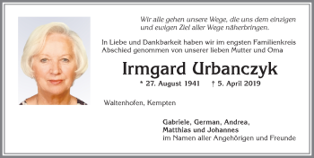 Traueranzeige von Irmgard Urbanczyk von Allgäuer Zeitung,Kempten