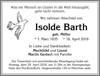 Traueranzeige von Isolde Barth von Allgäuer Zeitung, Füssen