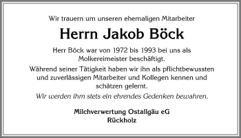 Traueranzeige von Jakob Böck von Allgäuer Zeitung, Füssen