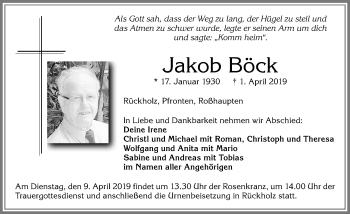 Traueranzeige von Jakob Böck von Allgäuer Zeitung, Füssen