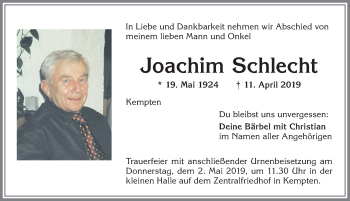 Traueranzeige von Joachim Schlecht von Allgäuer Zeitung,Kempten