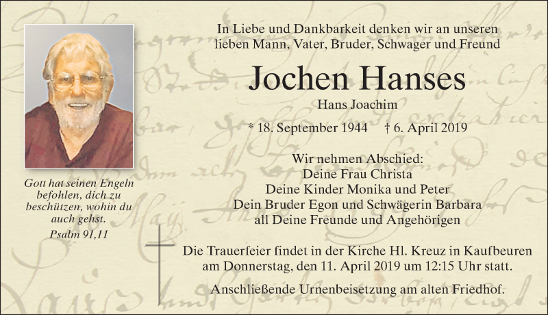  Traueranzeige für Jochen Hanses vom 09.04.2019 aus Allgäuer Zeitung, Kaufbeuren/Buchloe